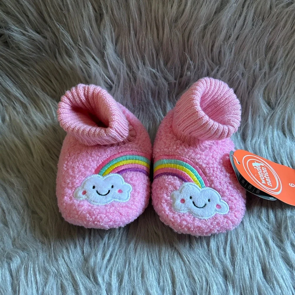 Wonder Nation Slippers Baby Girl Size 6 Pink Fuzzy Rainbow Shoes 18 Months NEW